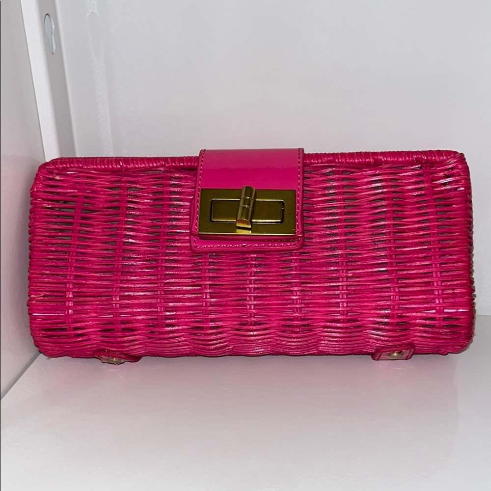 J. Crew Pink Wicker Clutch with Gold Hardware